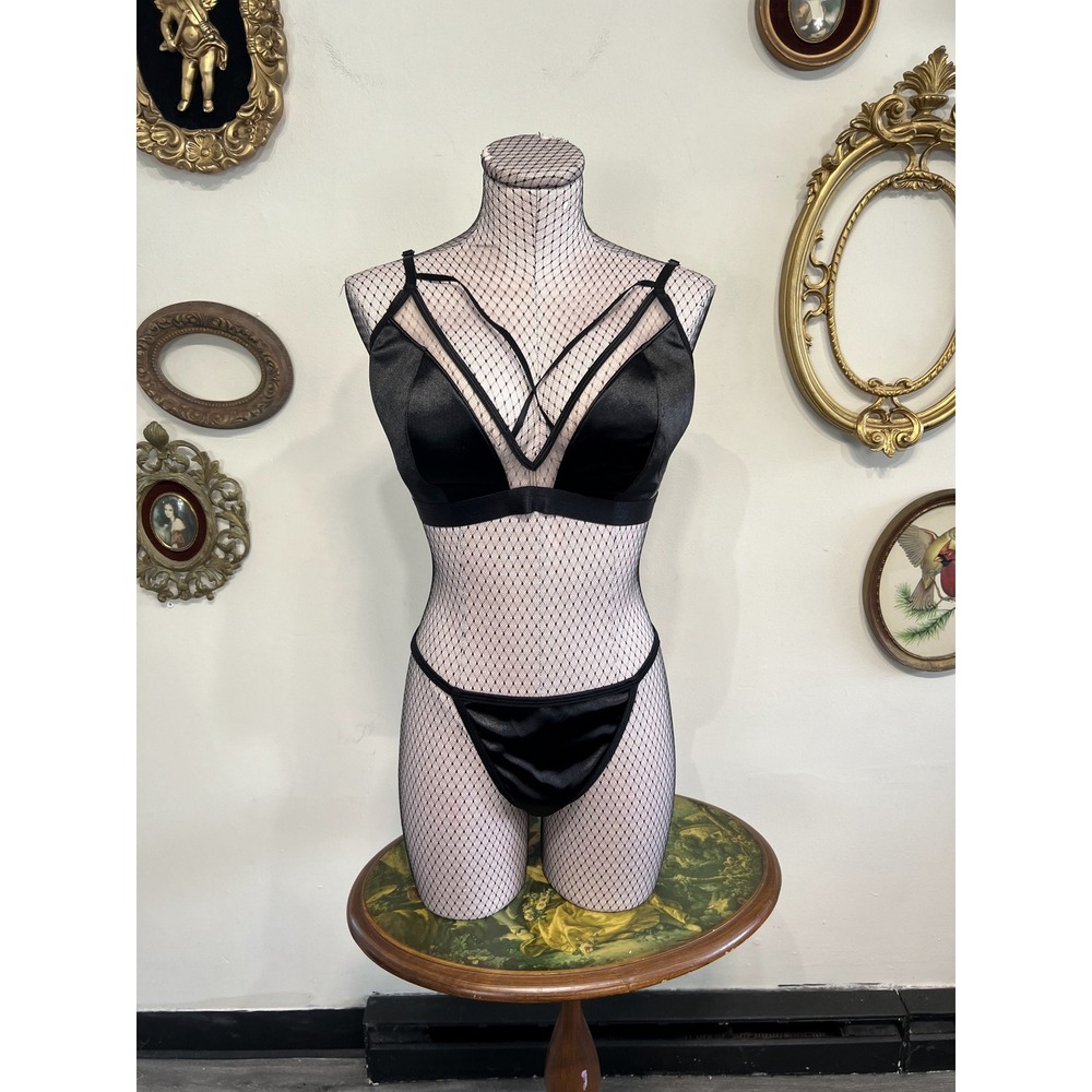 Dreamgirl Black Strappy Satin Mesh Lingerie Garter Set Size 1X